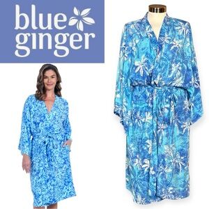 BLUE GINGER RAYON PALM TREES SHORT KIMONO STYLE ROBE ** NWT **